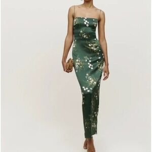 Reformation Frankie 100% Silk Floral Maxi Dress Buena Green Slip Dress Size 14